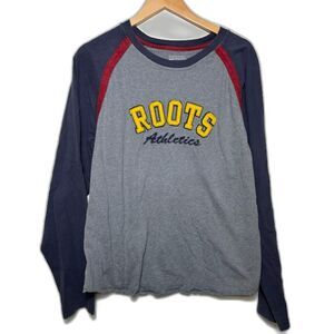 Roots T Shirt Men's Size XL Gray Navy Baseball Tee Athletic Spellout Retro Crew